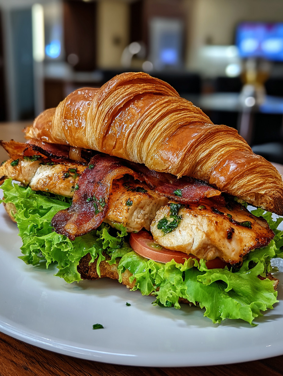 A delicious bacon chicken croissant sandwich.