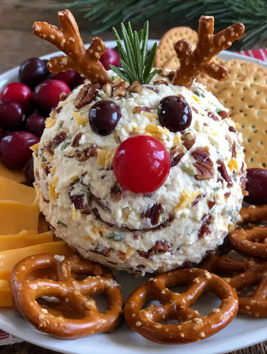 A cheese ball shaped like Rudolph the reindeer.