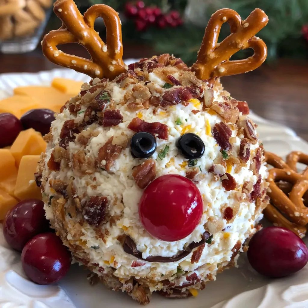 A cheese ball shaped like Rudolph the reindeer.