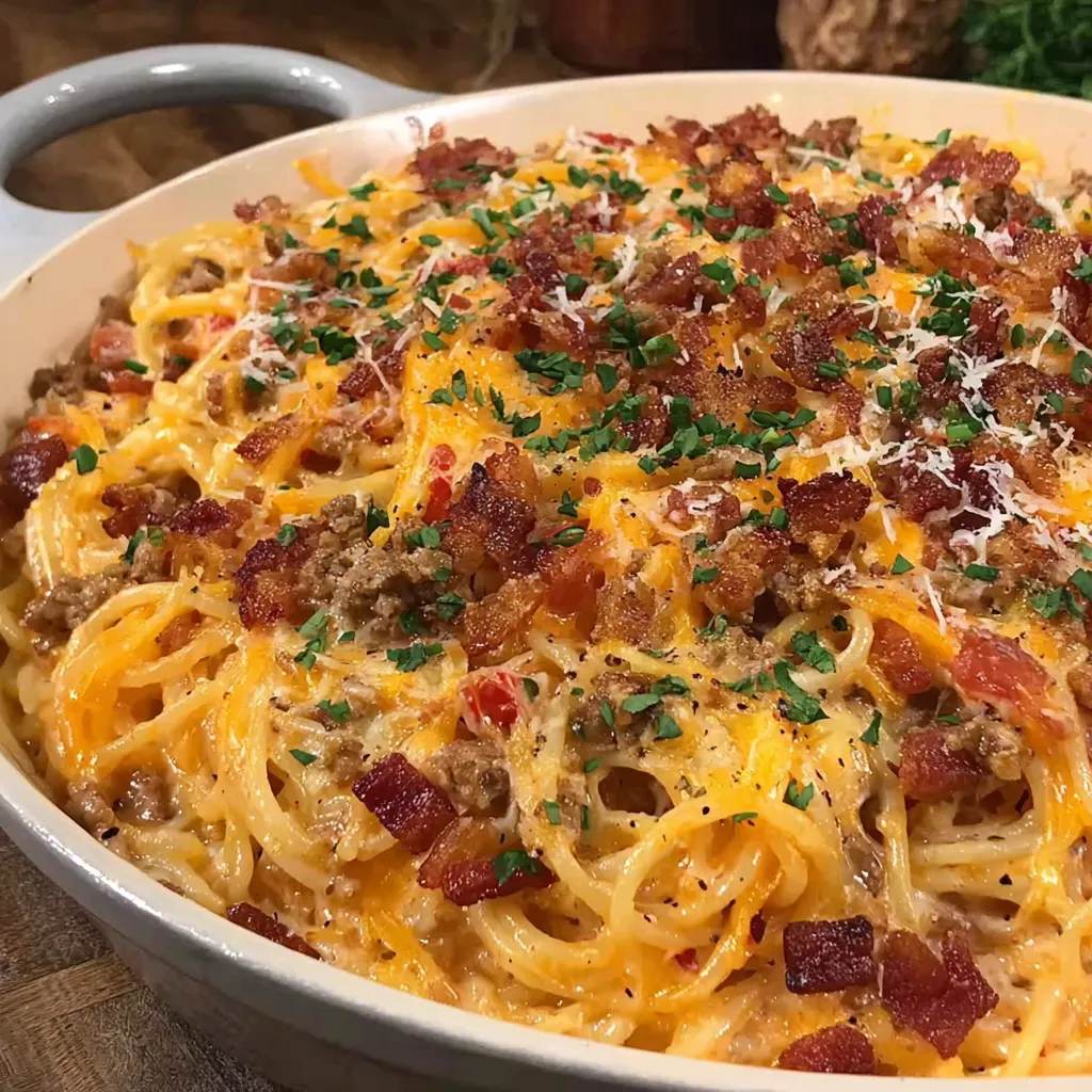 A delicious looking dish of Cowboy Spaghetti Creamy Cheesy Twist.