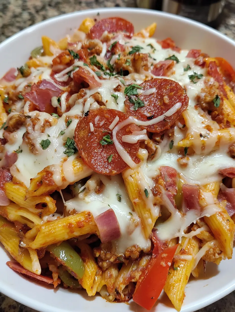 A bowl of pasta with pepperoni and cheese.