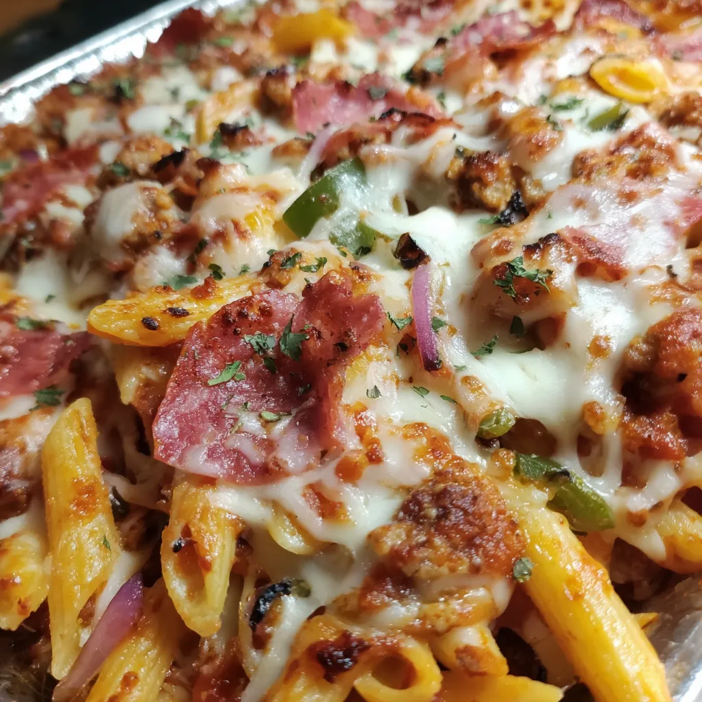 A pizza with meat and cheese on top.