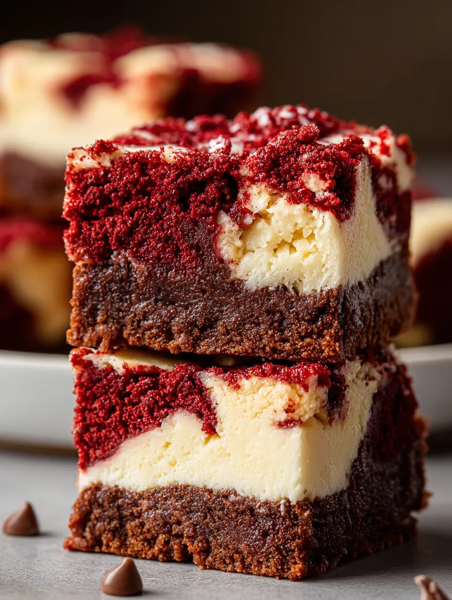 A close up of a red velvet cheesecake swirl brownie.