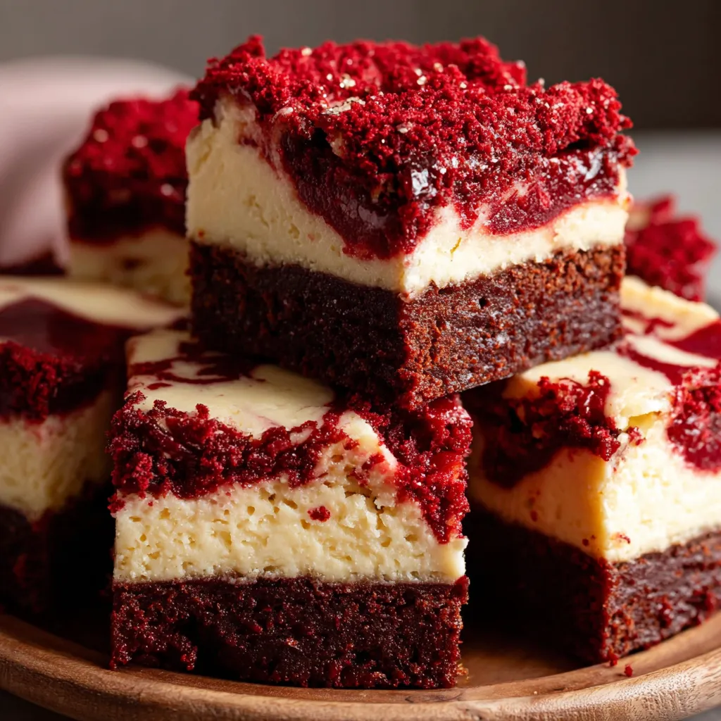 A plate of red velvet cheesecake swirl brownies.