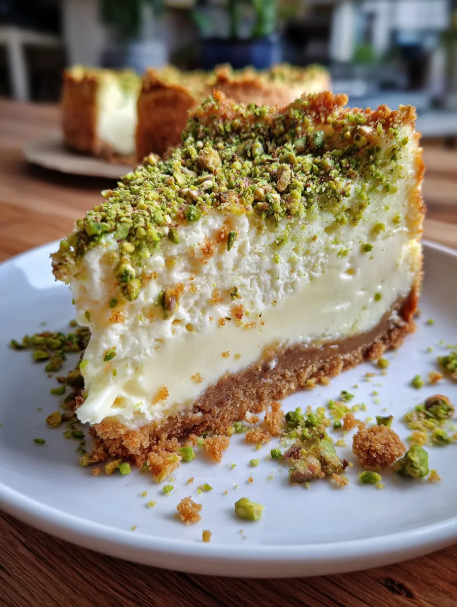 A slice of pistachio white chocolate cheesecake.