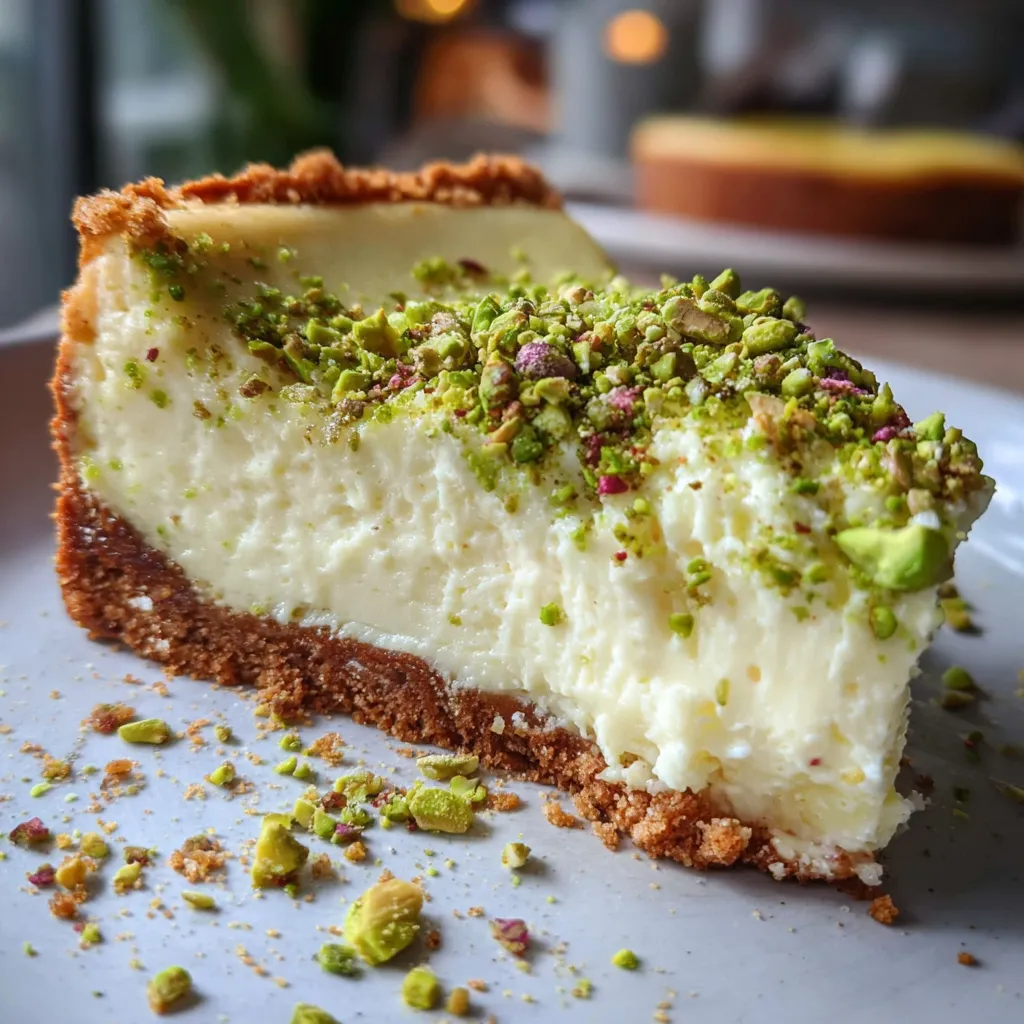 A slice of pistachio white chocolate cheesecake.