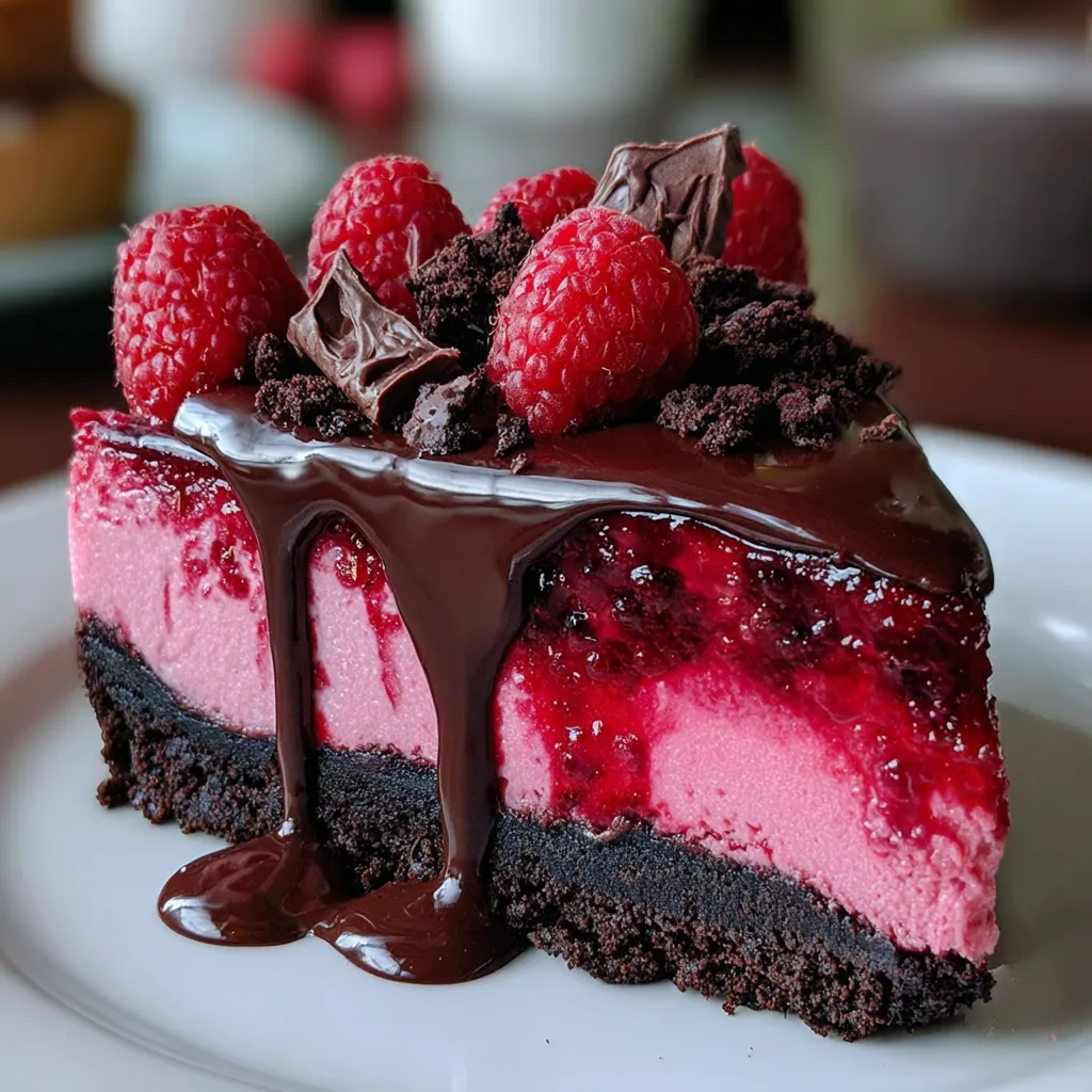 A slice of cheesecake with chocolate and raspberries.