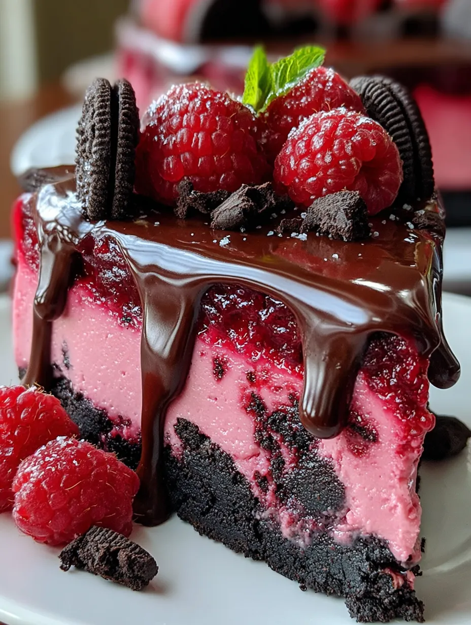 A slice of chocolate raspberry cheesecake.