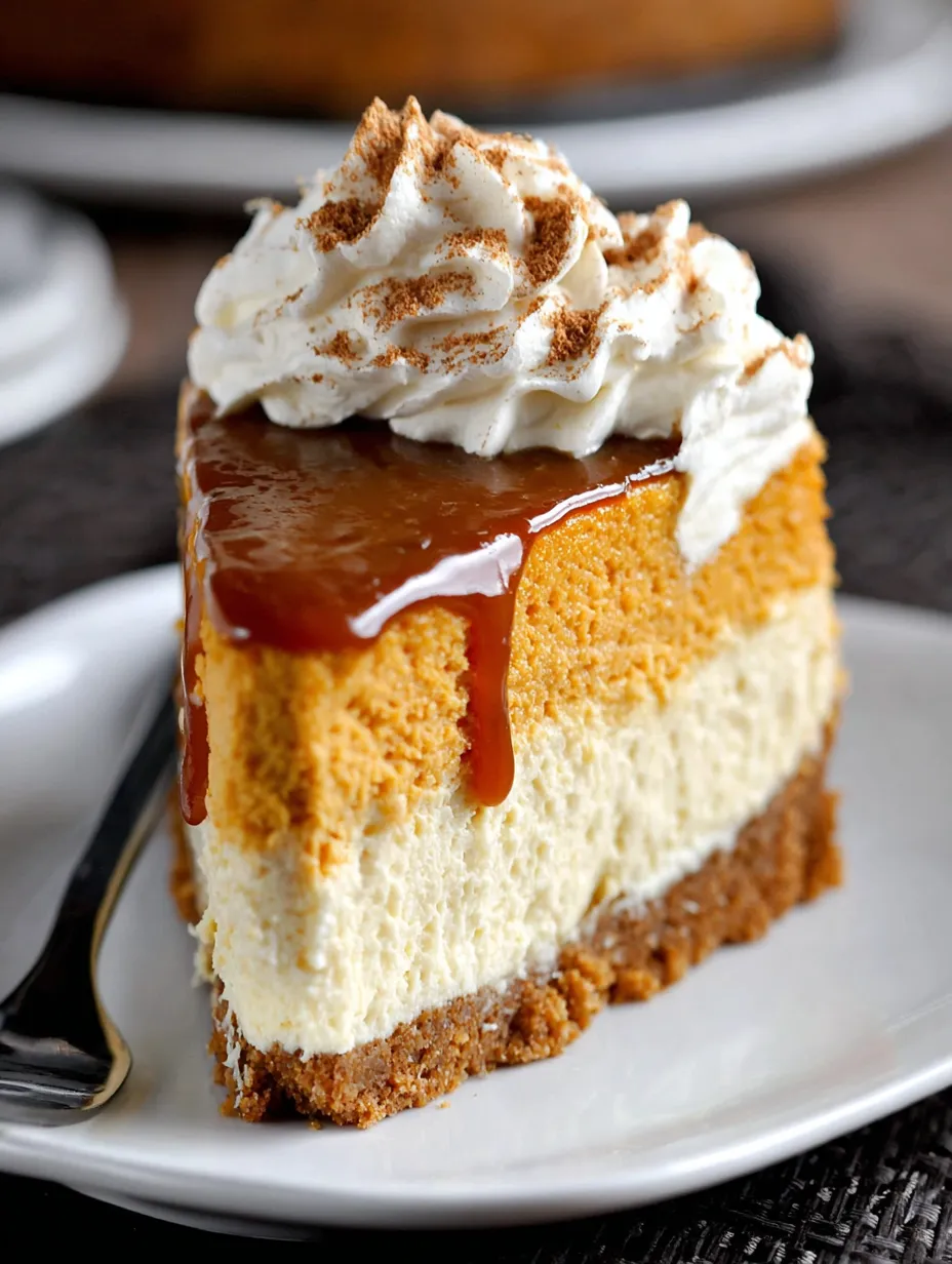 A slice of pumpkin cheesecake with caramel drizzle.