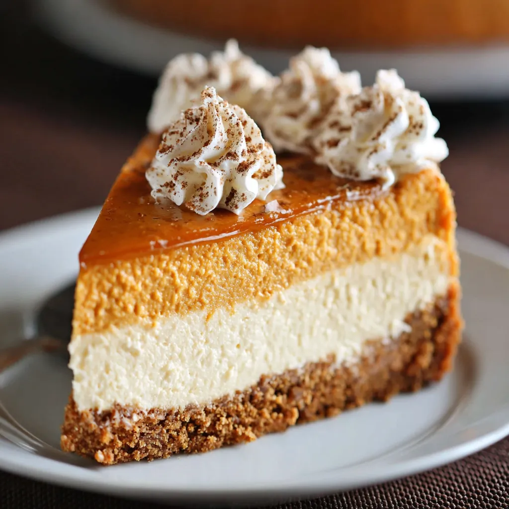 A slice of pumpkin cheesecake on a plate.