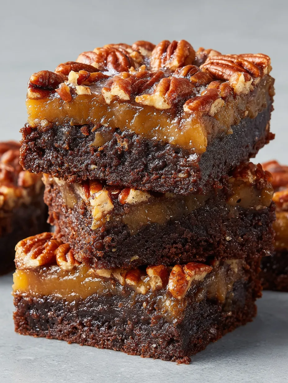 Three pieces of pecan pie brownies stacked on top of each other.