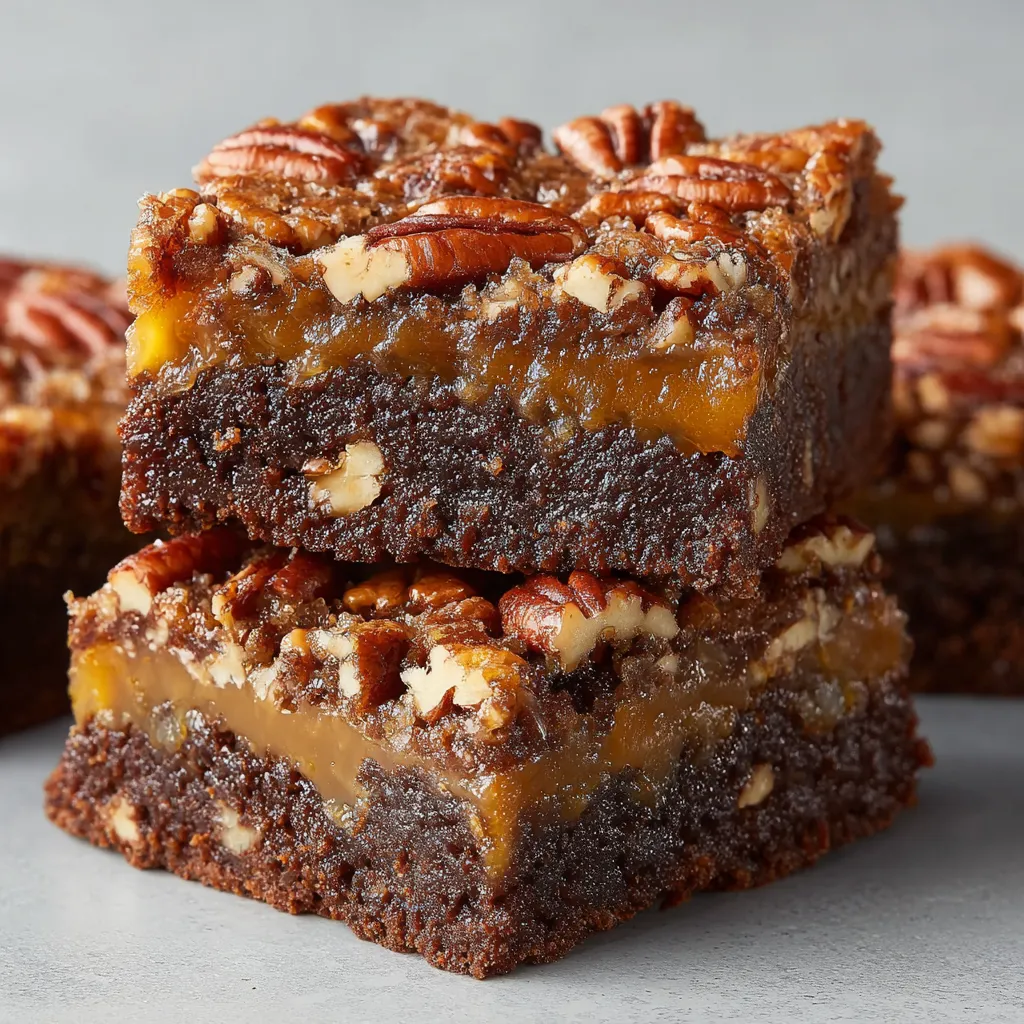 A close up of a pecan pie brownie.