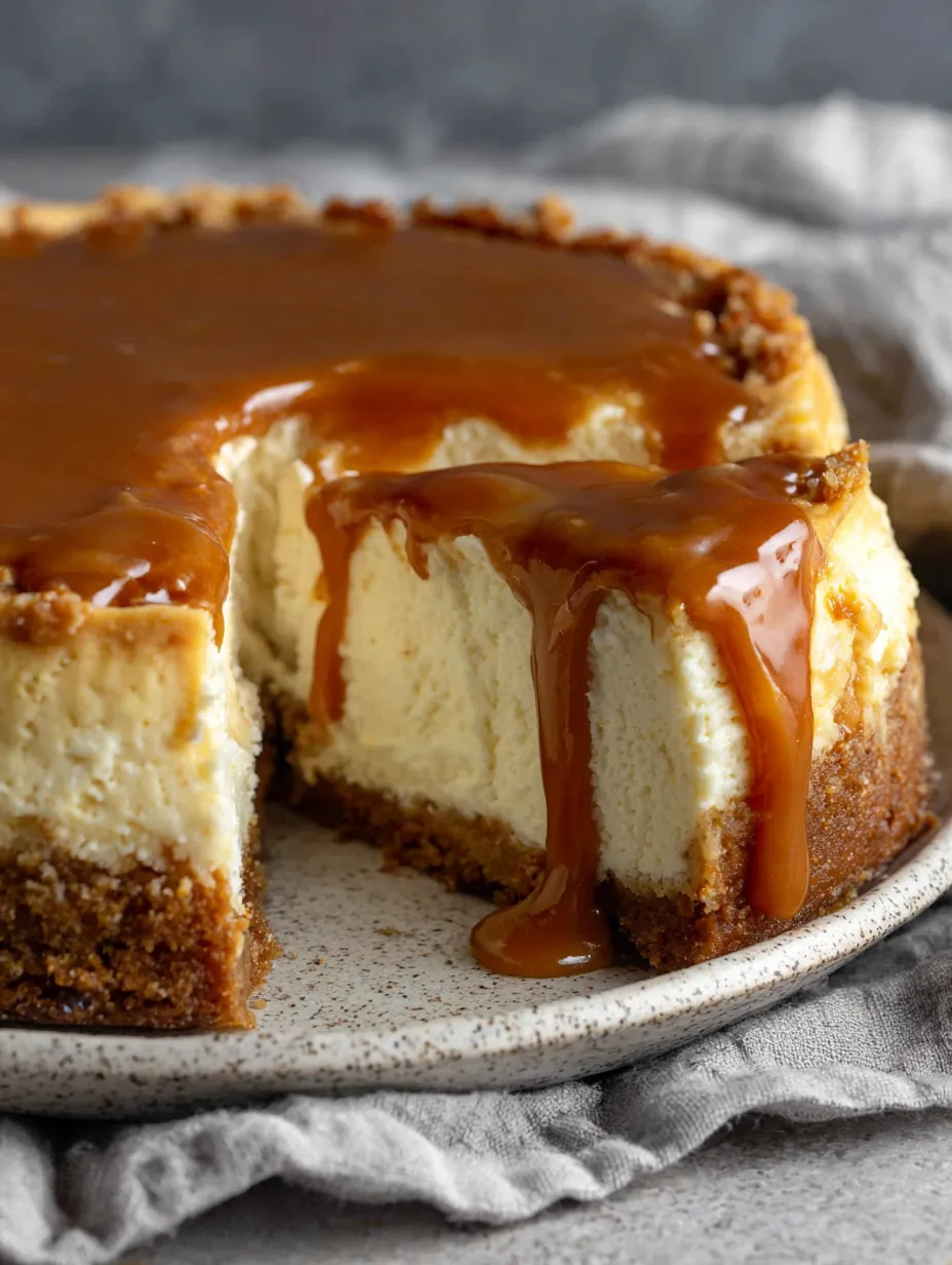 A slice of apple cider cheesecake with caramel drizzle.