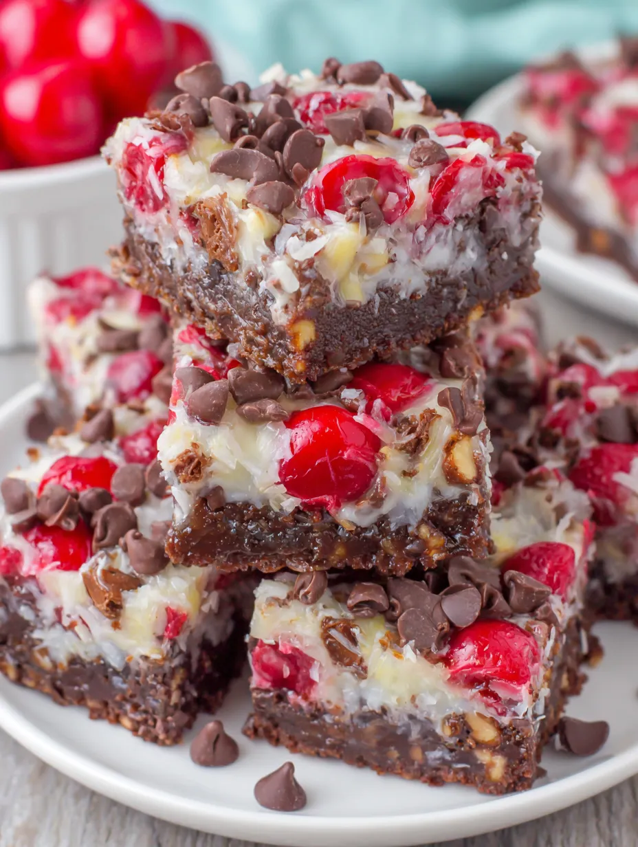 A stack of chocolate cherry magic bars.