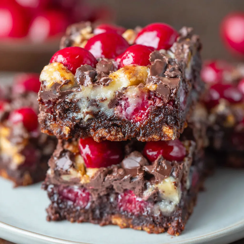 A close up of a chocolate dessert with cherries on top.