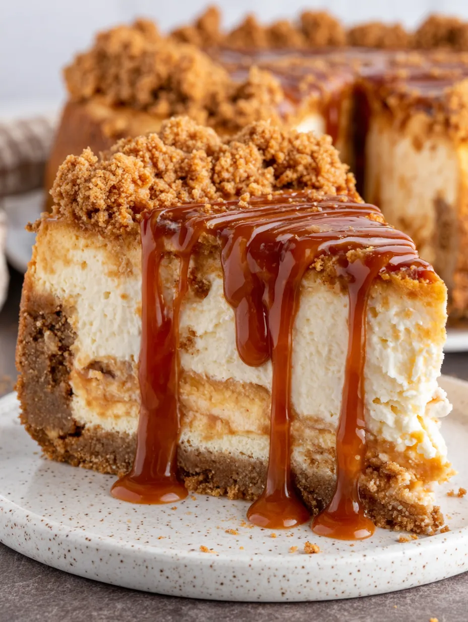 A slice of caramel apple cheesecake.