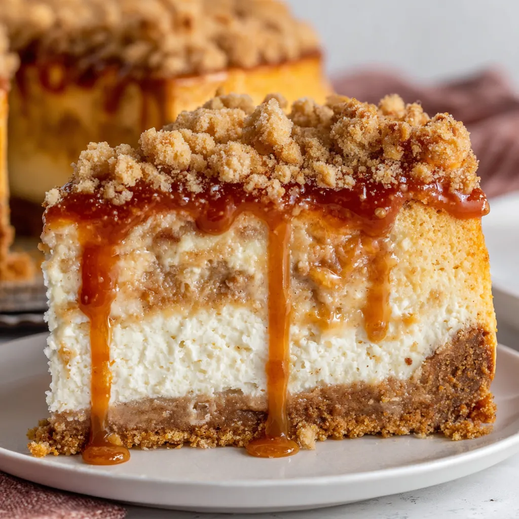 A slice of caramel apple cheesecake.