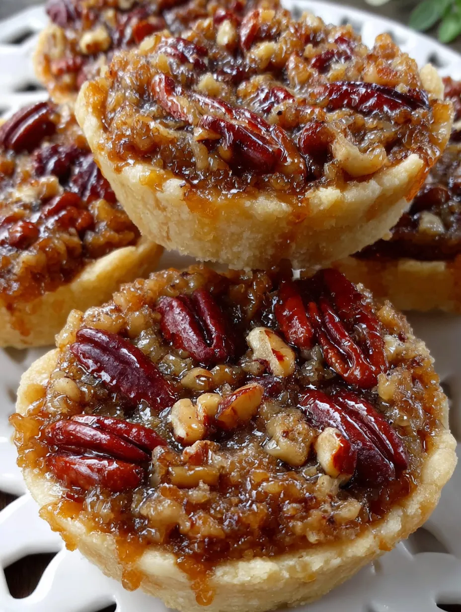 Three mini pecan pies on a plate.