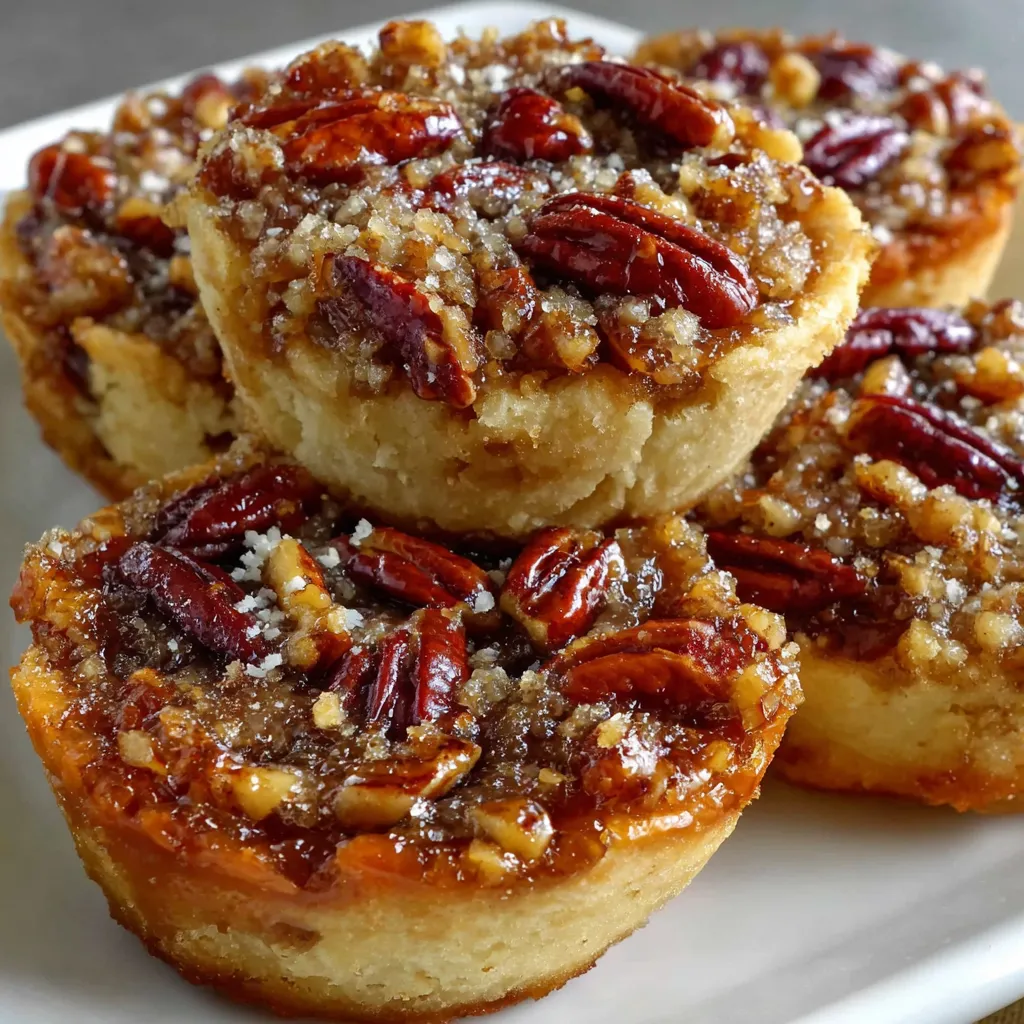Three mini pecan pies on a plate.