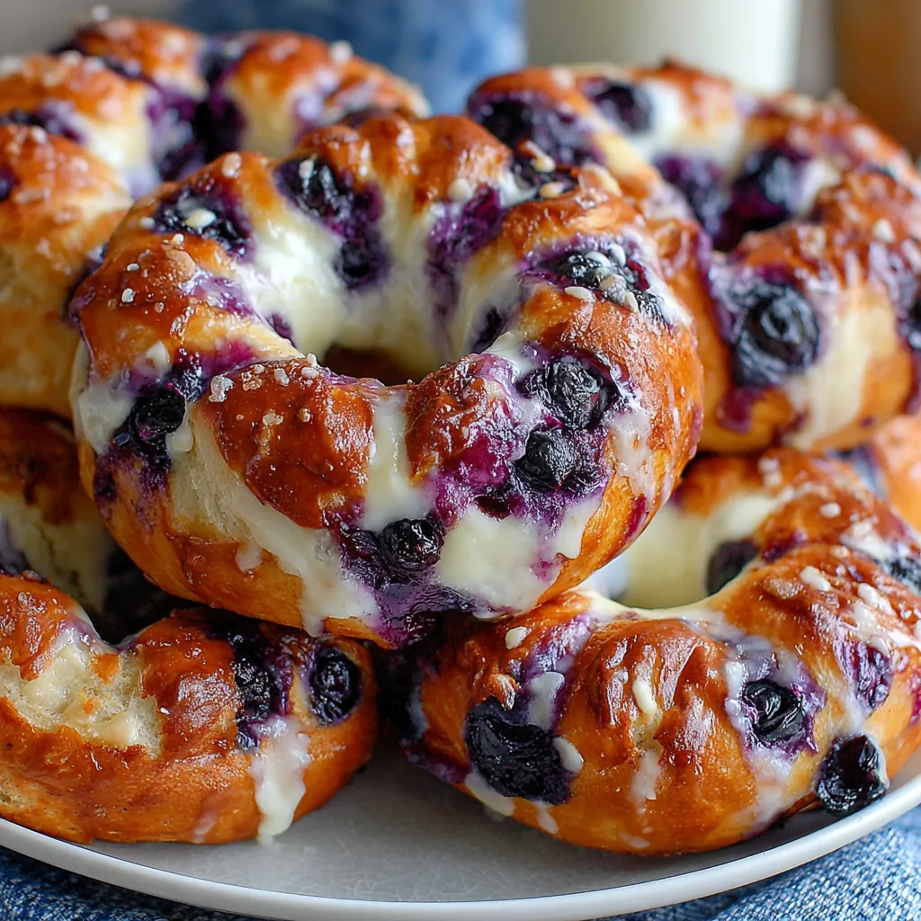 A plate of bagels with blueberries on top.