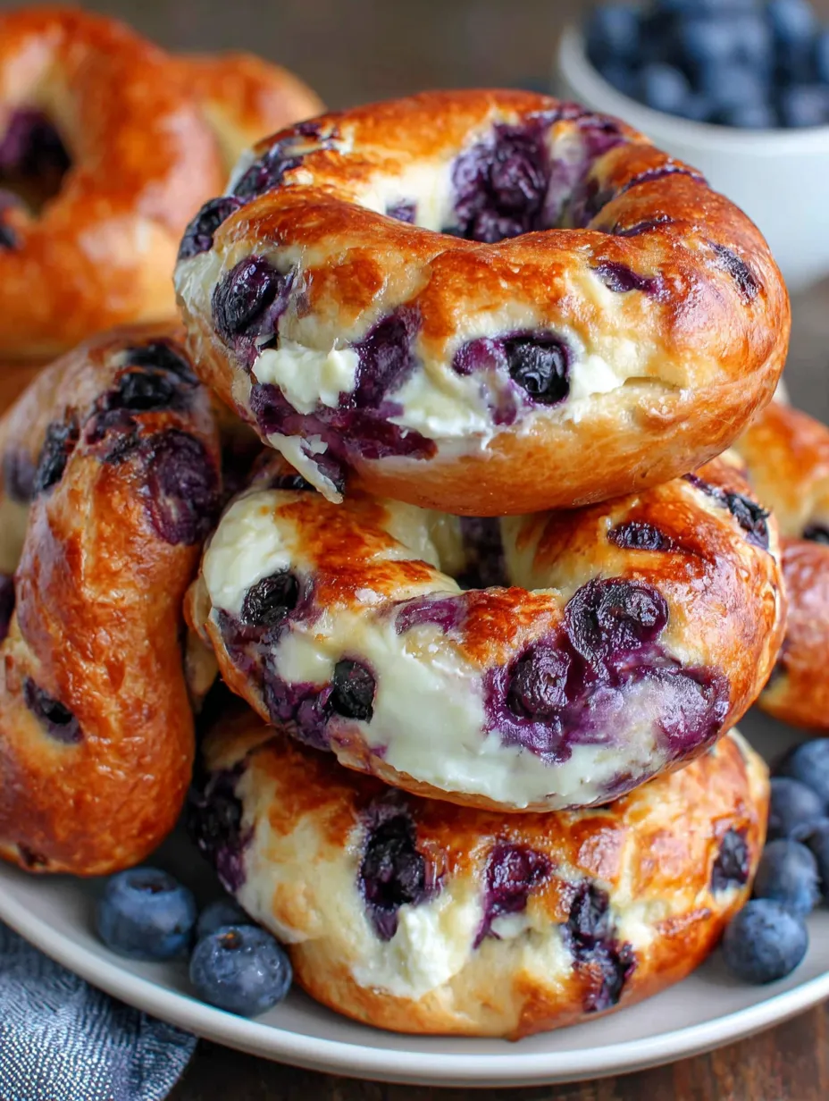 A stack of blueberry bagels.
