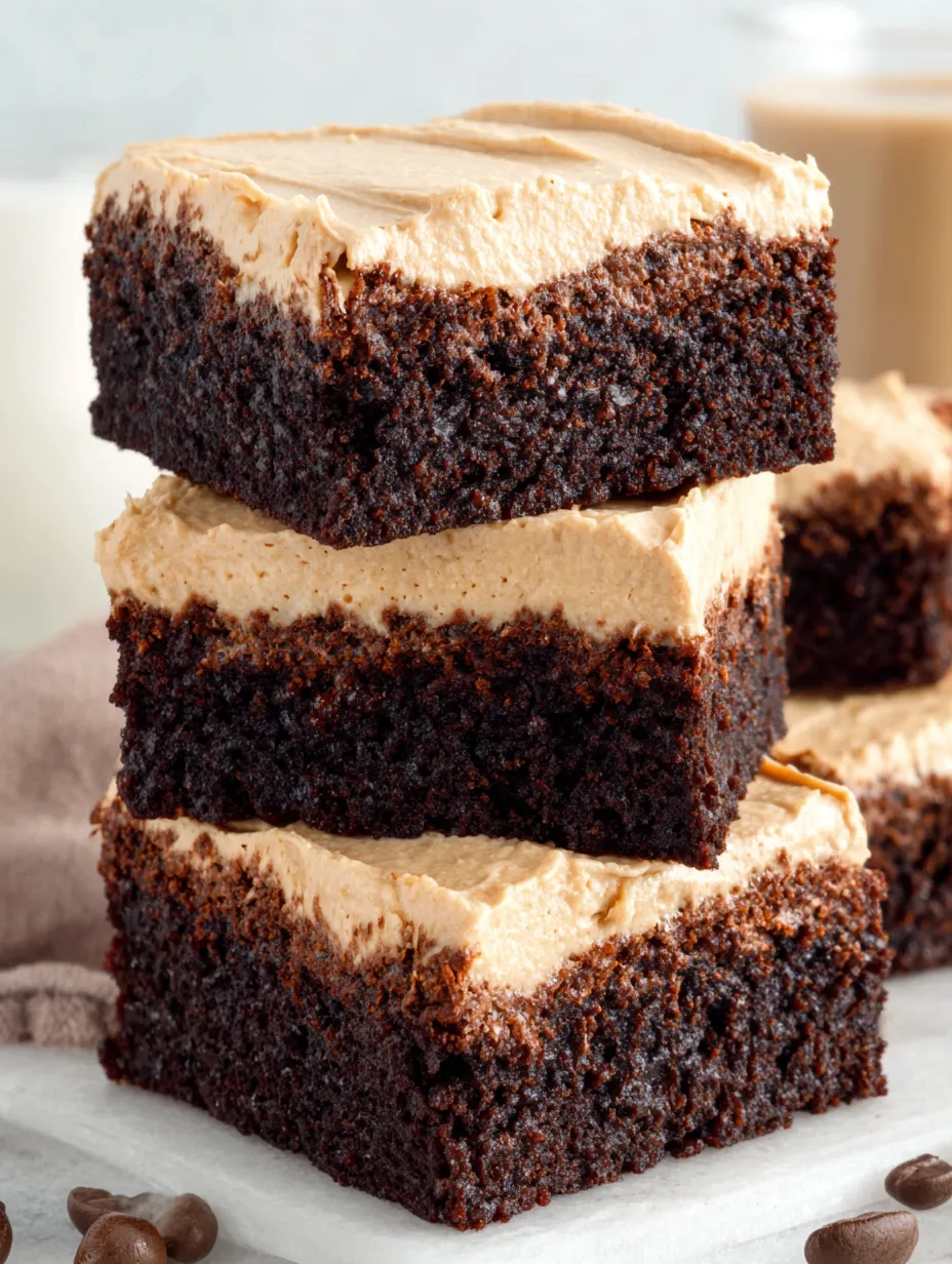 Three pieces of mocha brownies with cafe latte frosting.