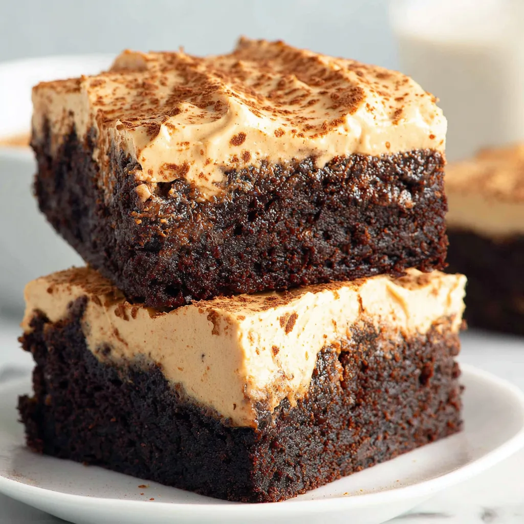 Two pieces of mocha brownies with cafe latte frosting.