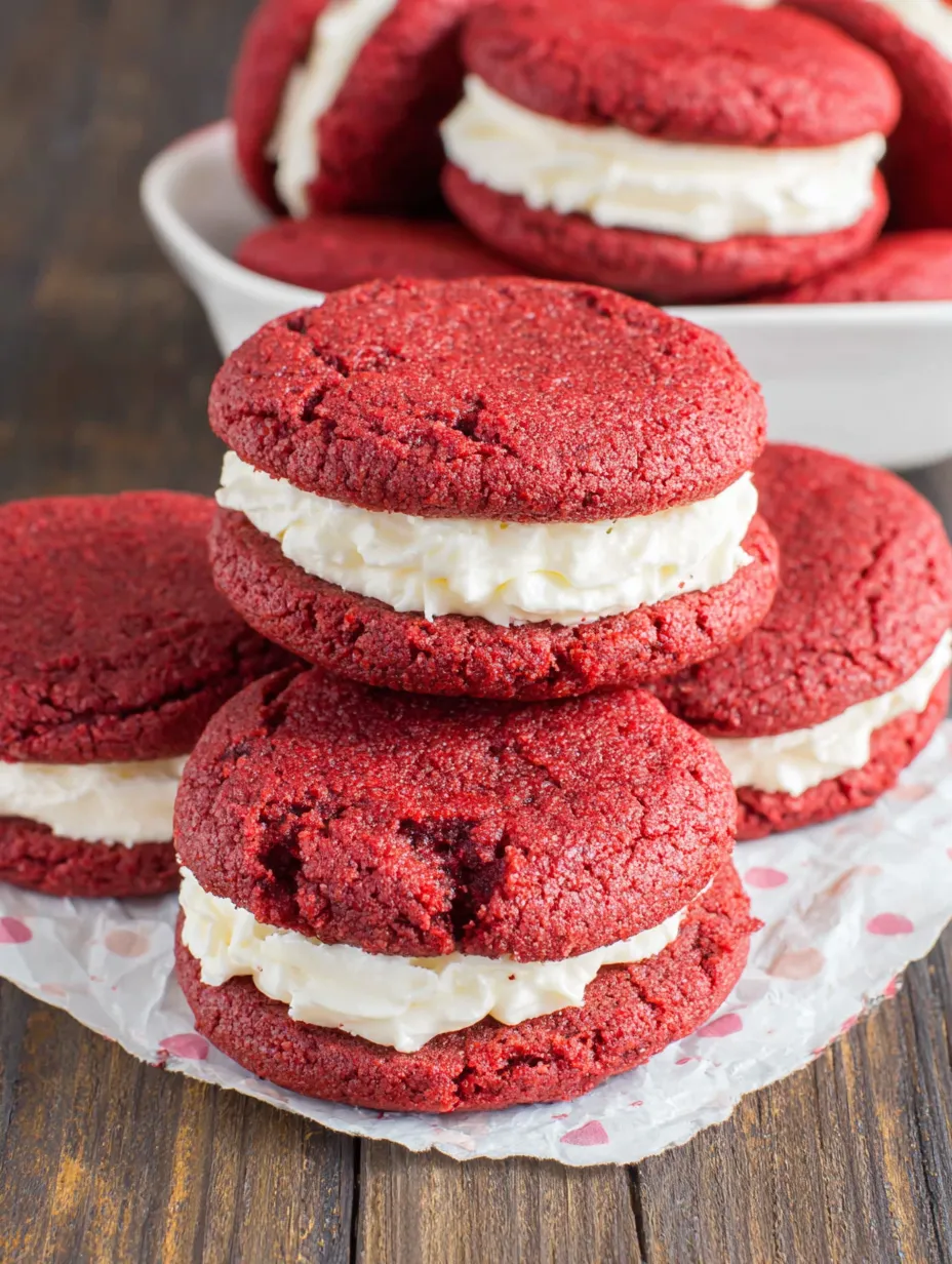 Red velvet sandwich cookies stacked on a plate.