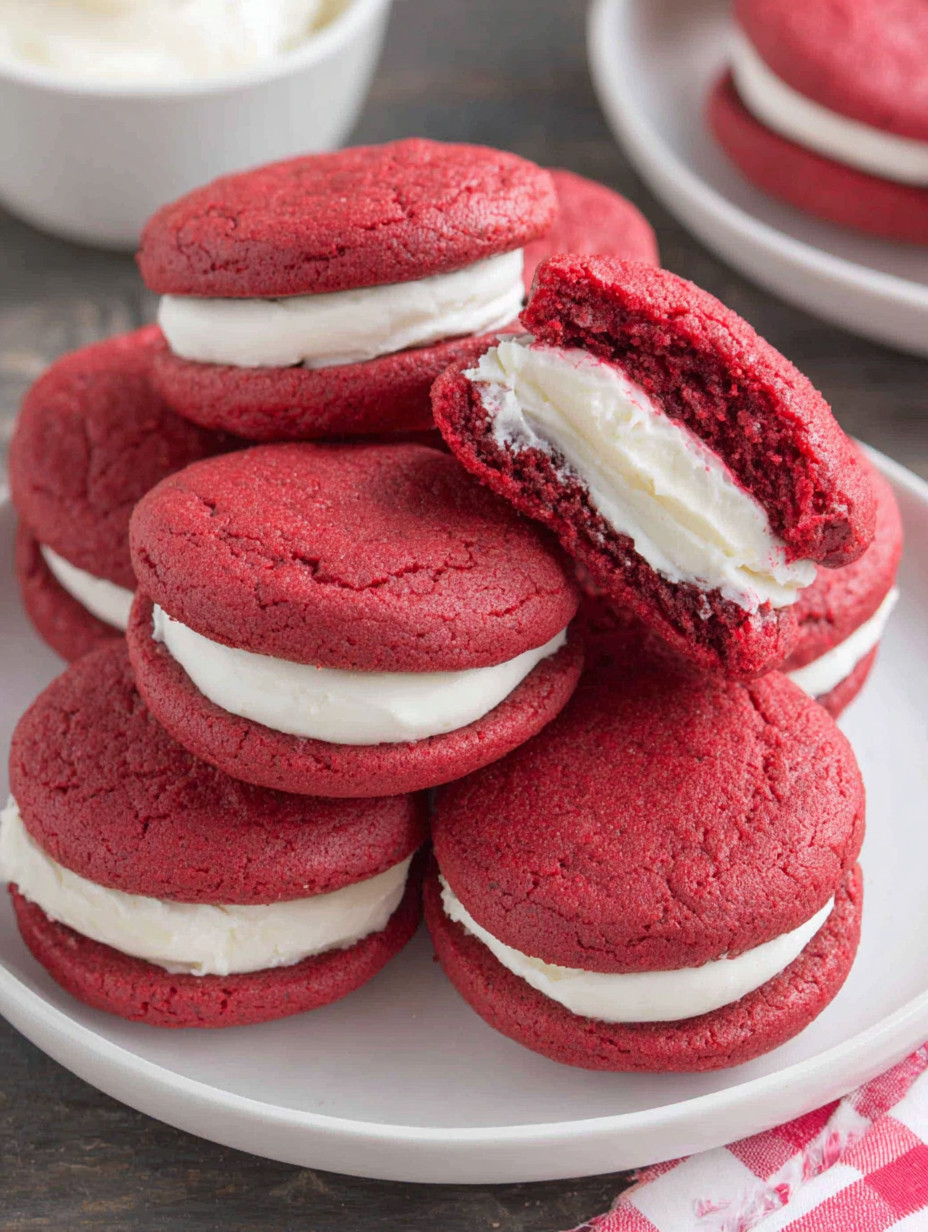 Red velvet sandwich cookies with white frosting.