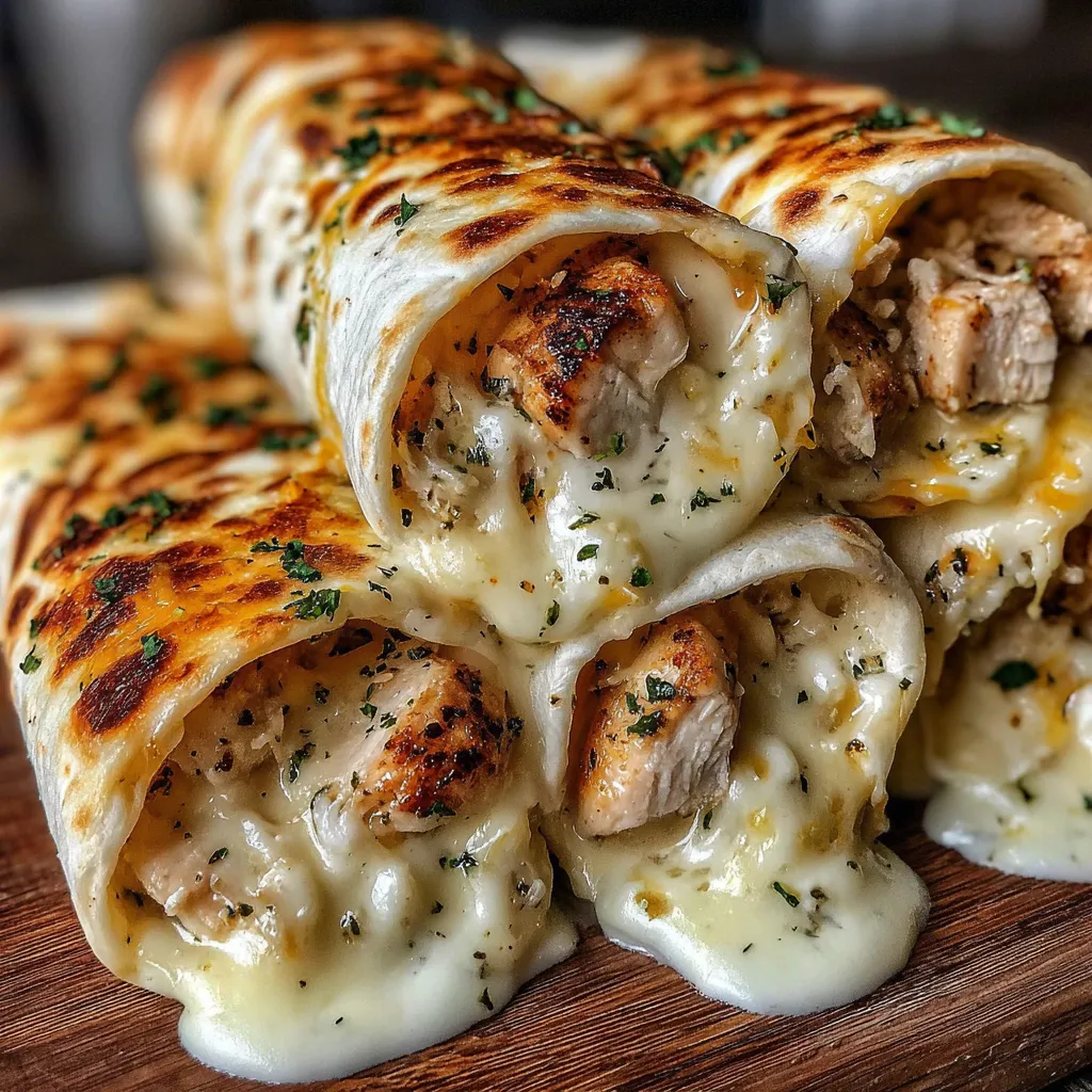 A plate of garlic chicken wraps with cheese.