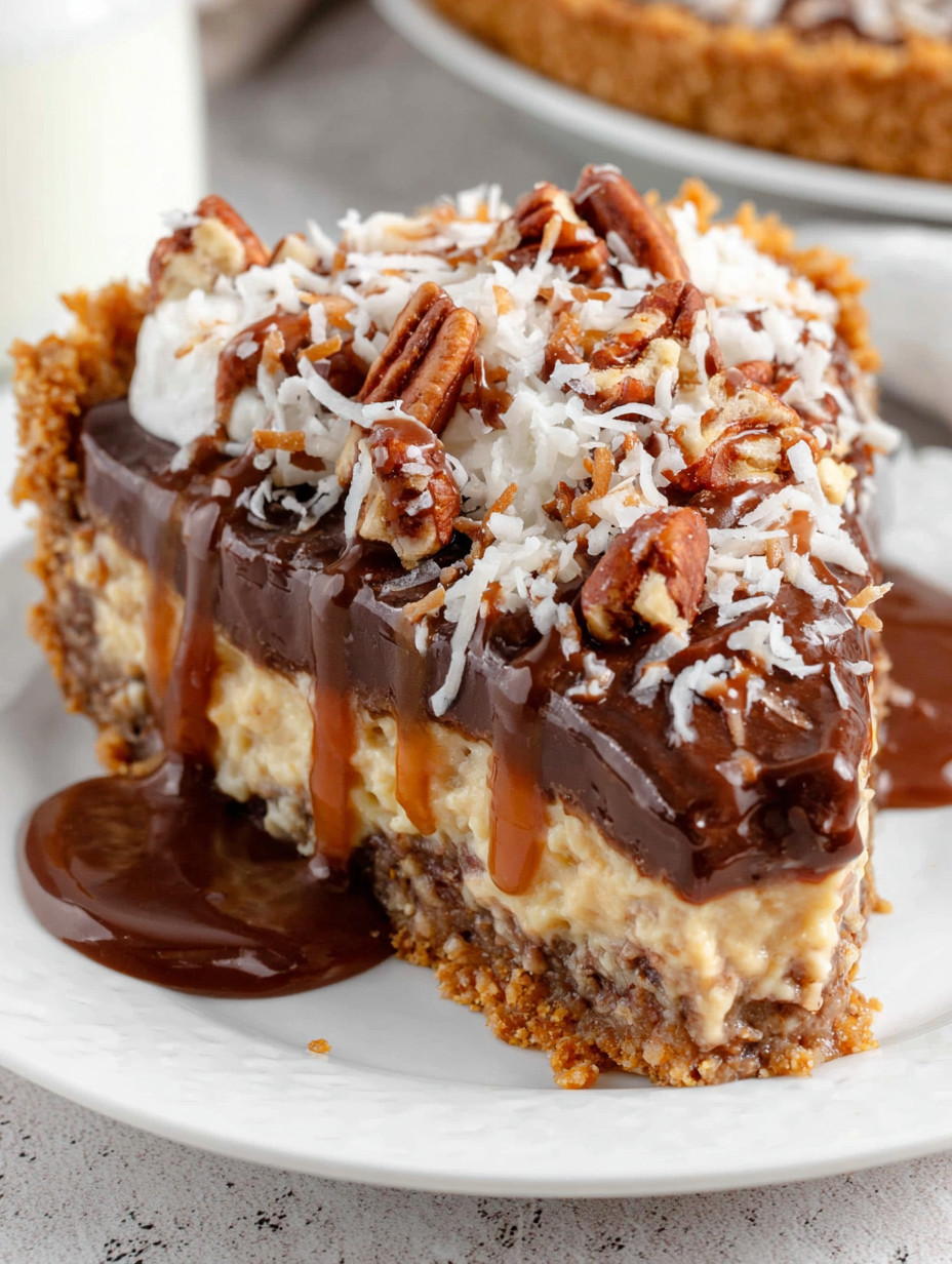 A slice of German chocolate pie with chocolate drizzle.