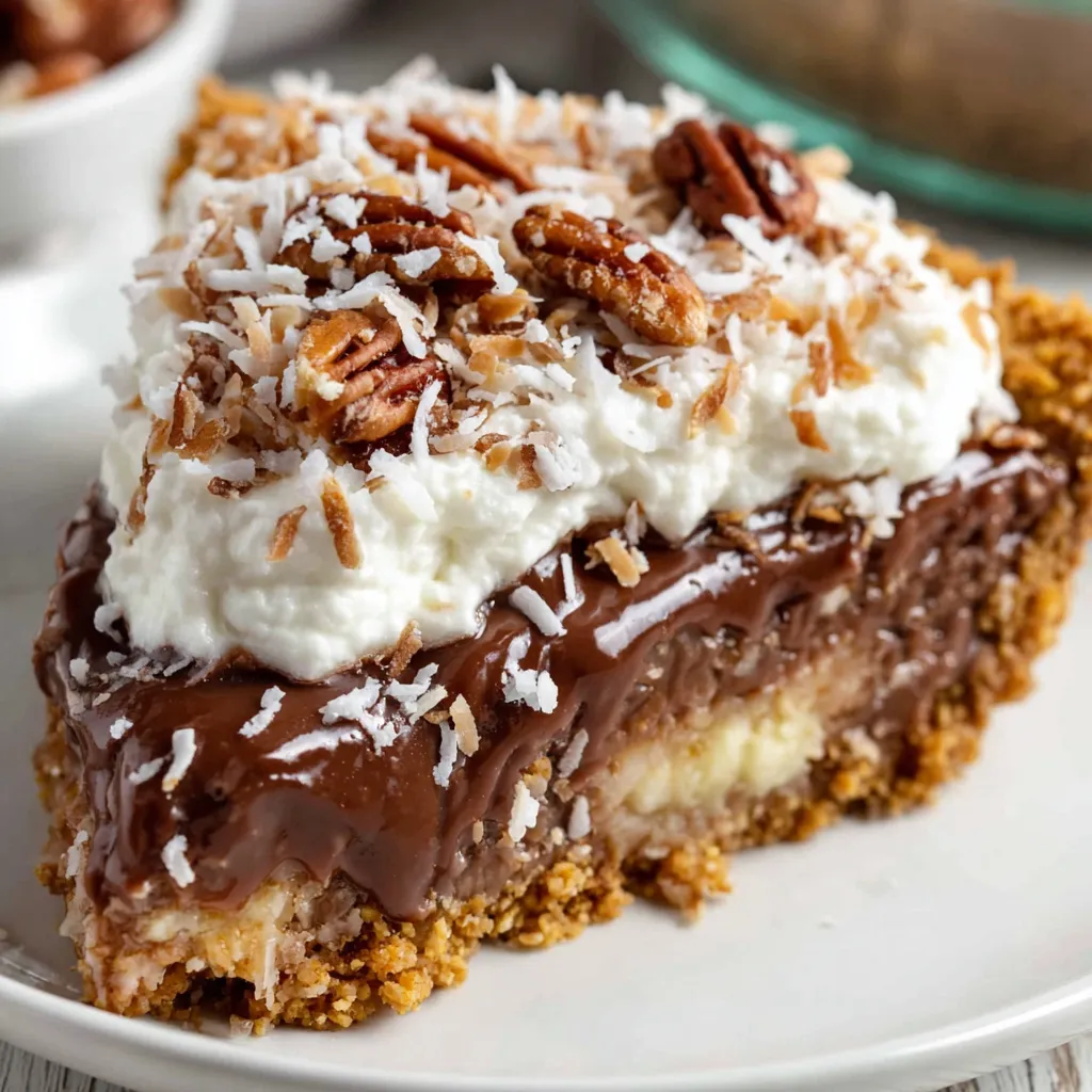 A slice of a no-bake German chocolate pie.