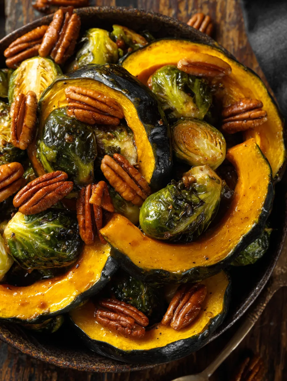 A dish of roasted acorn squash and brussels sprouts.