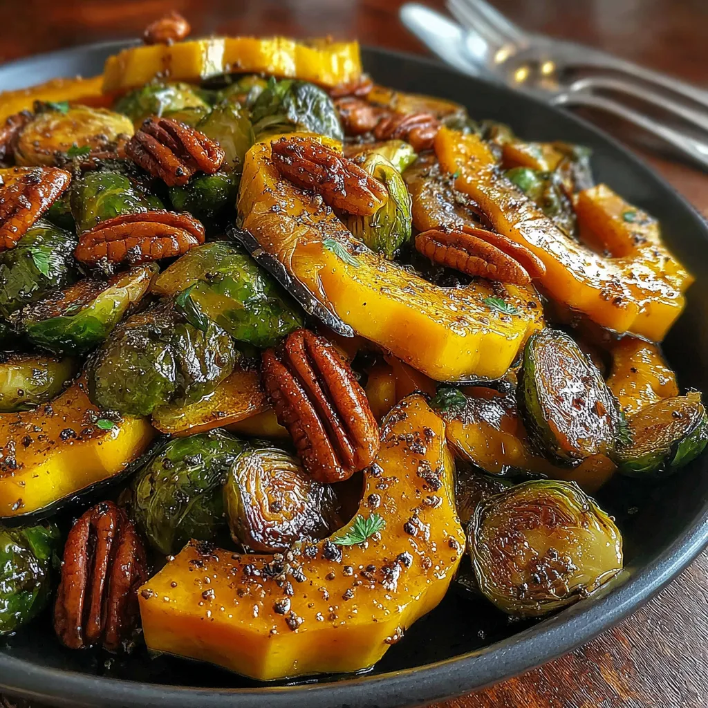 A plate of roasted acorn squash and brussels sprouts.