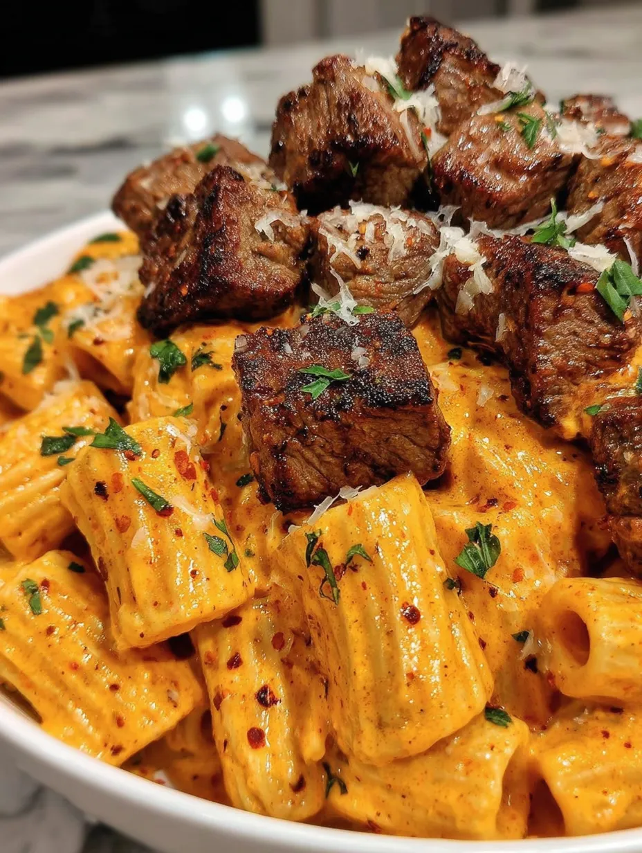 A bowl of Cajun steak tips in cheesy rigatoni parmesan sauce.
