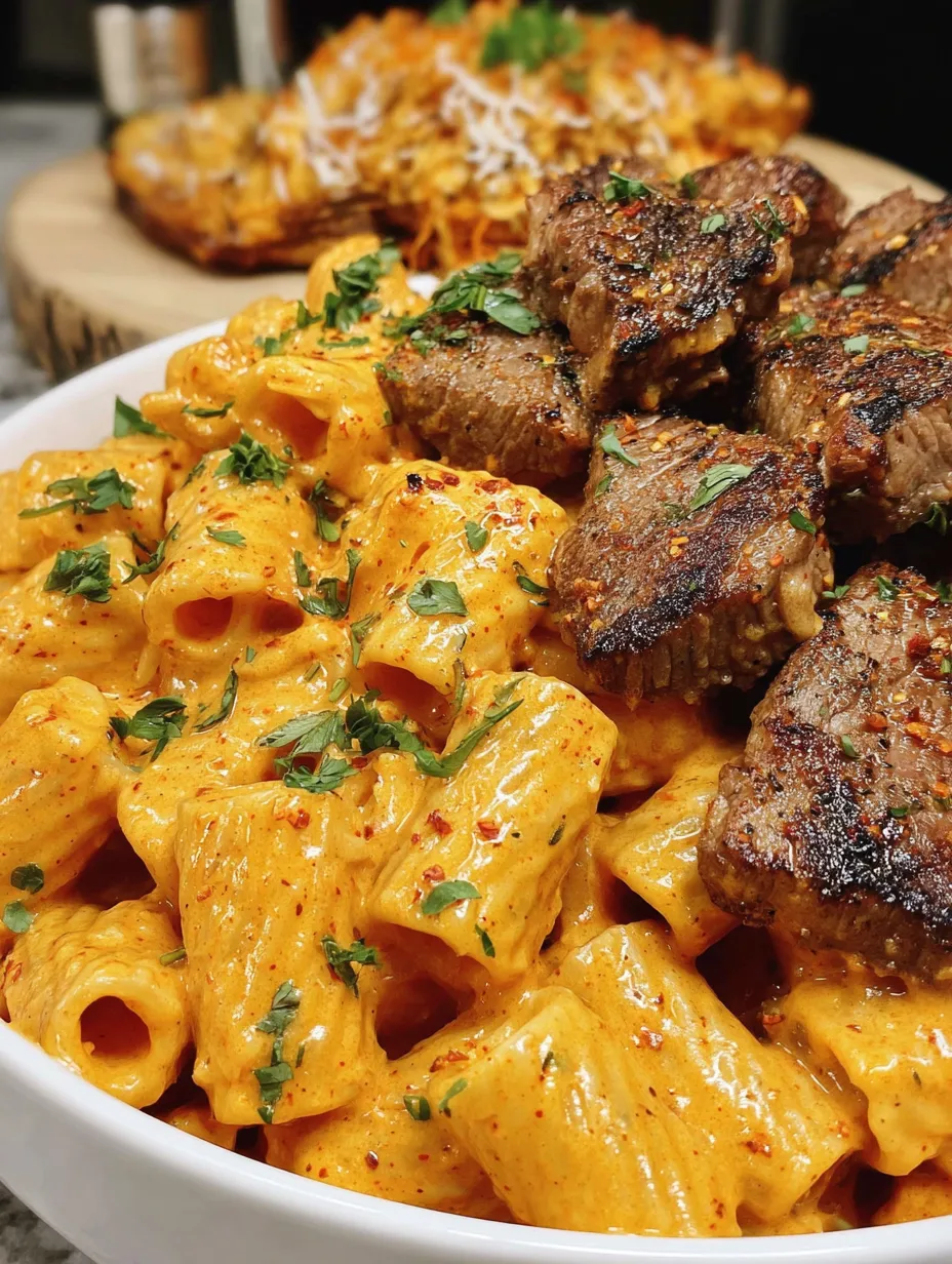 A bowl of Cajun steak tips in cheesy rigatoni parmesan sauce.