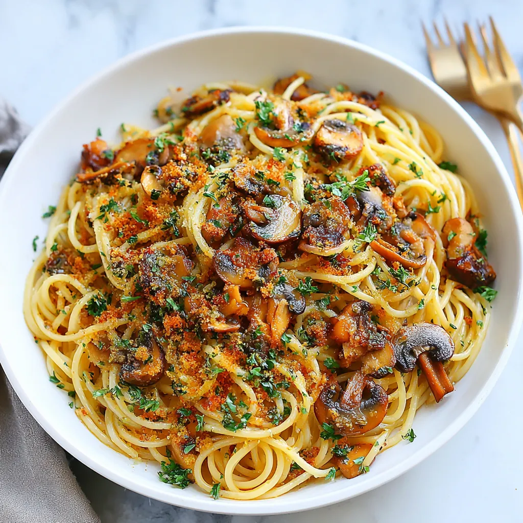 A bowl of brown butter mushroom pasta.
