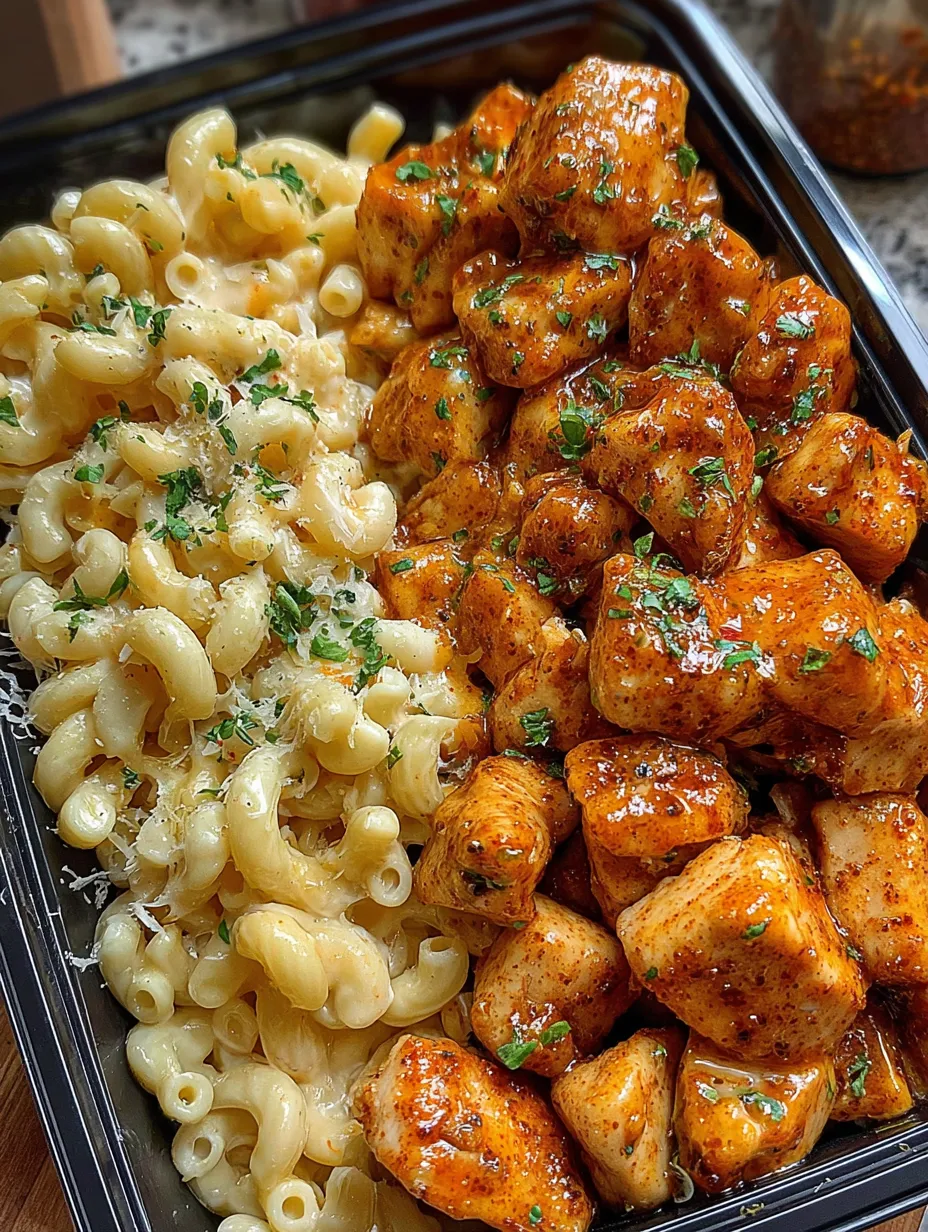 A dish of chicken and macaroni and cheese.