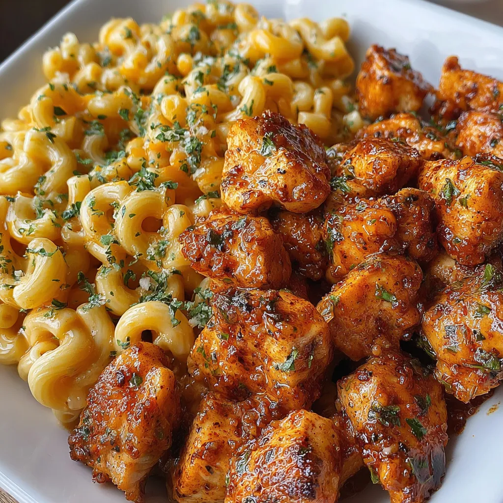 A plate of food with mac and cheese and chicken.