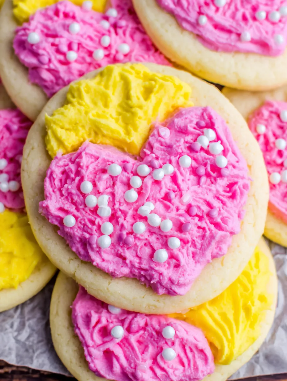 A heart shaped cookie with pink and yellow frosting.