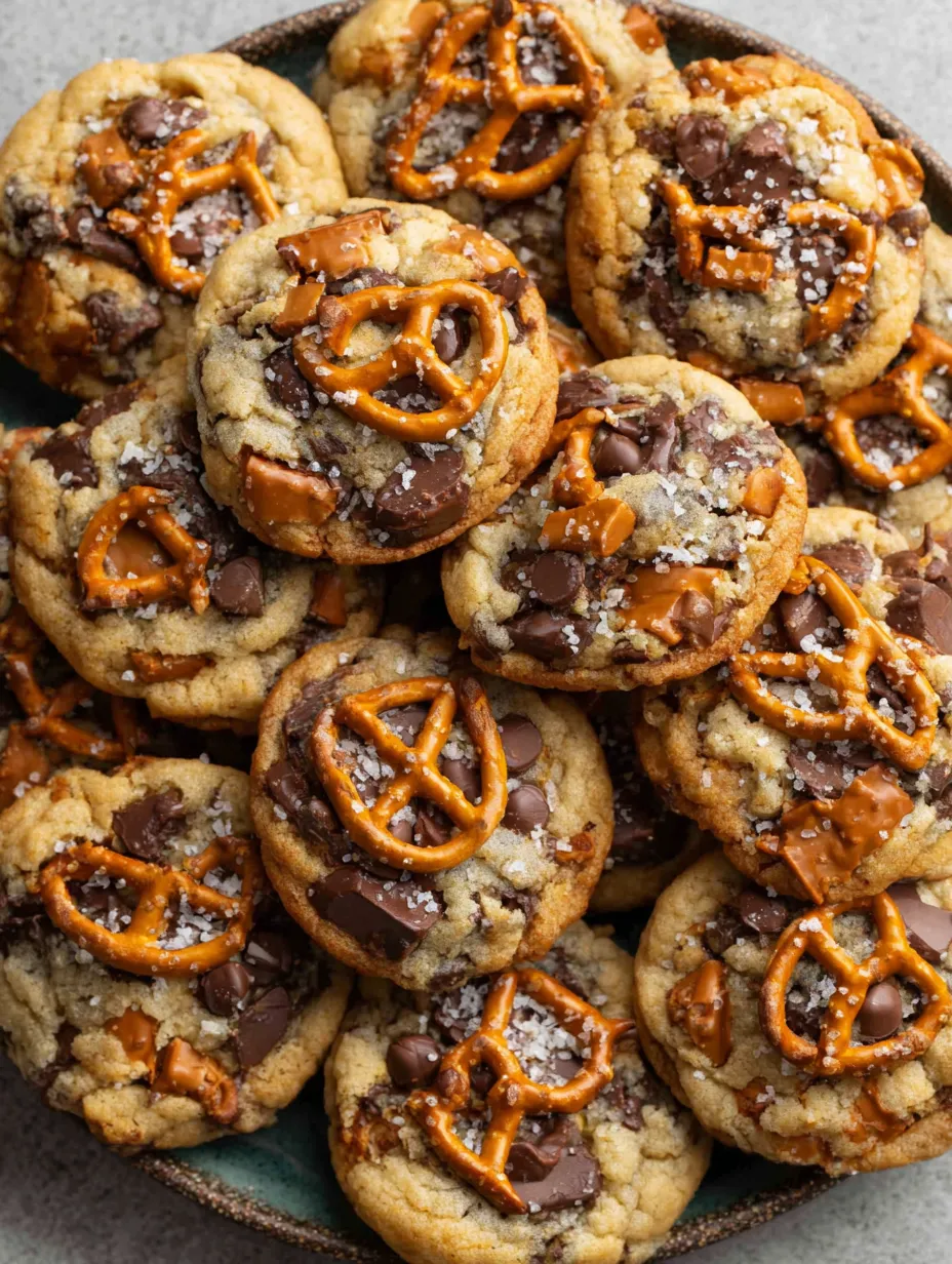 A plate of chocolate chip cookies with pretzel toppings.