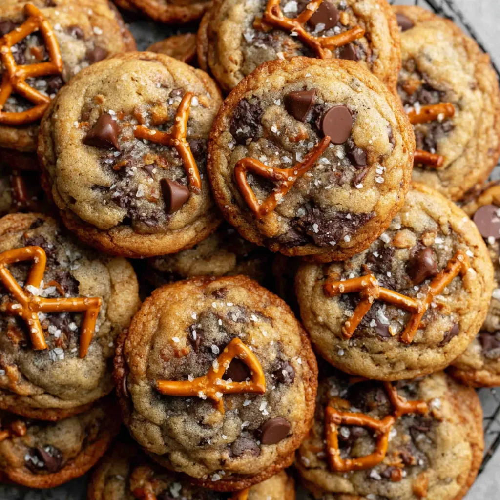 A plate of chocolate chip cookies with pretzel toffee and chocolate chips.