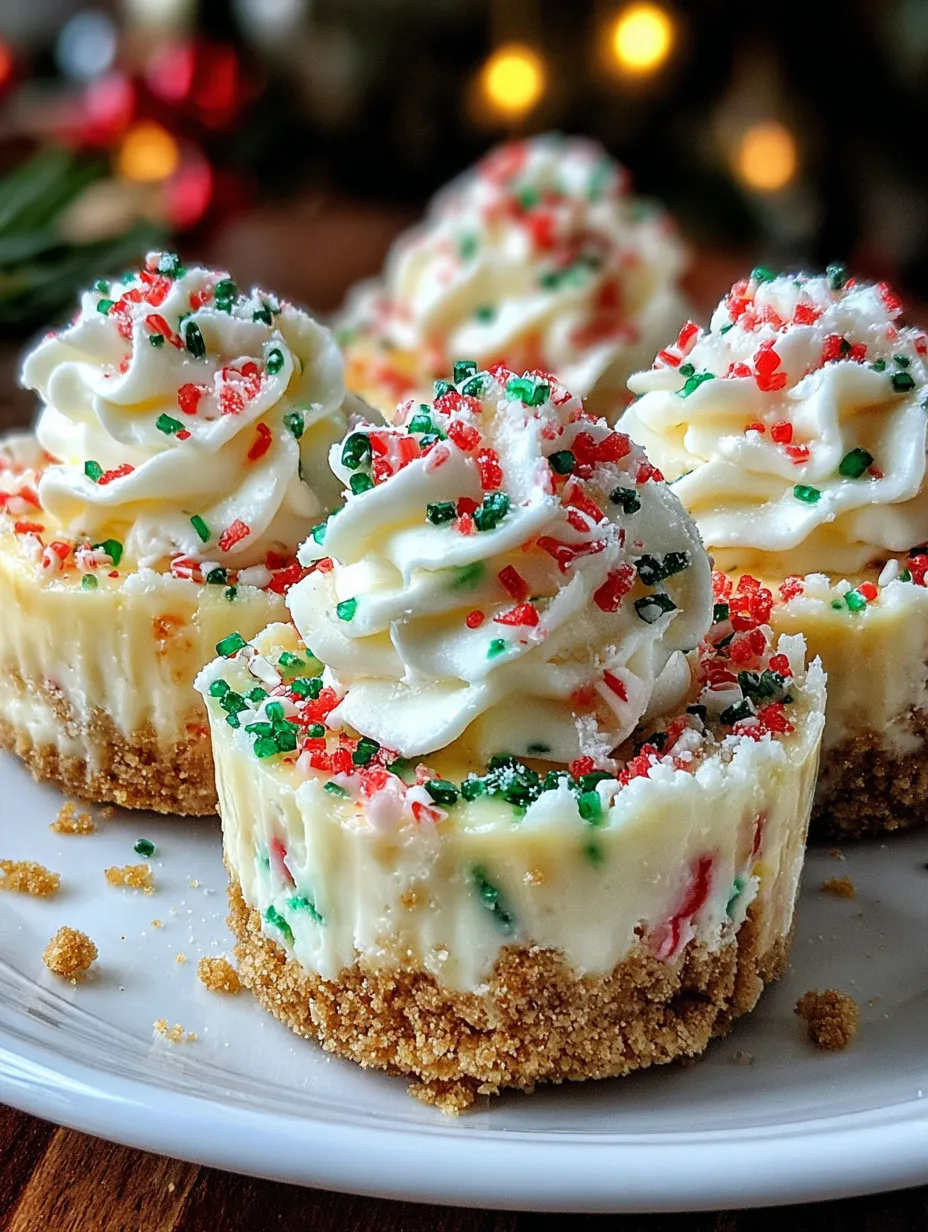 Three mini cheesecakes with white whipped cream and red and green sprinkles.