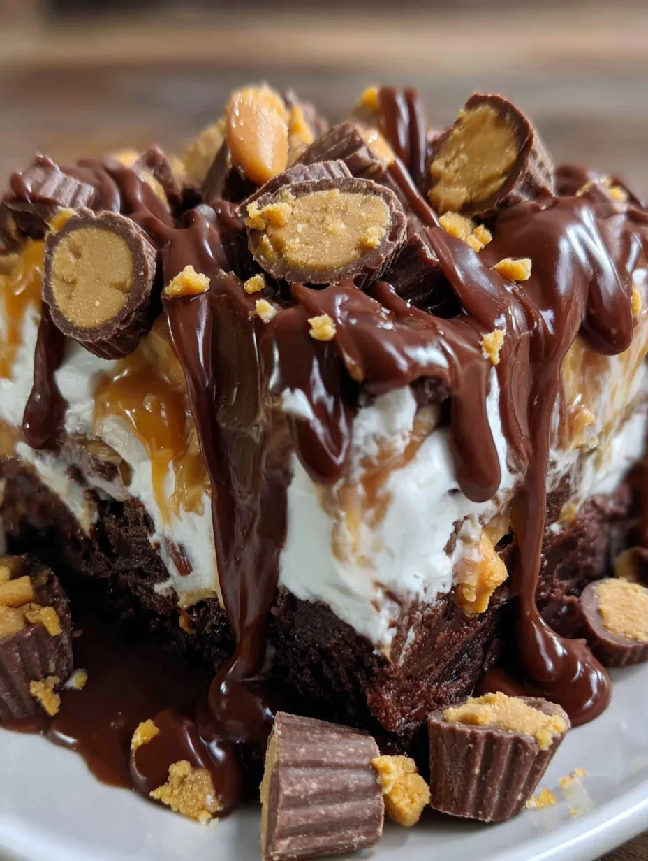 A chocolate cake with peanut butter and chocolate chips.