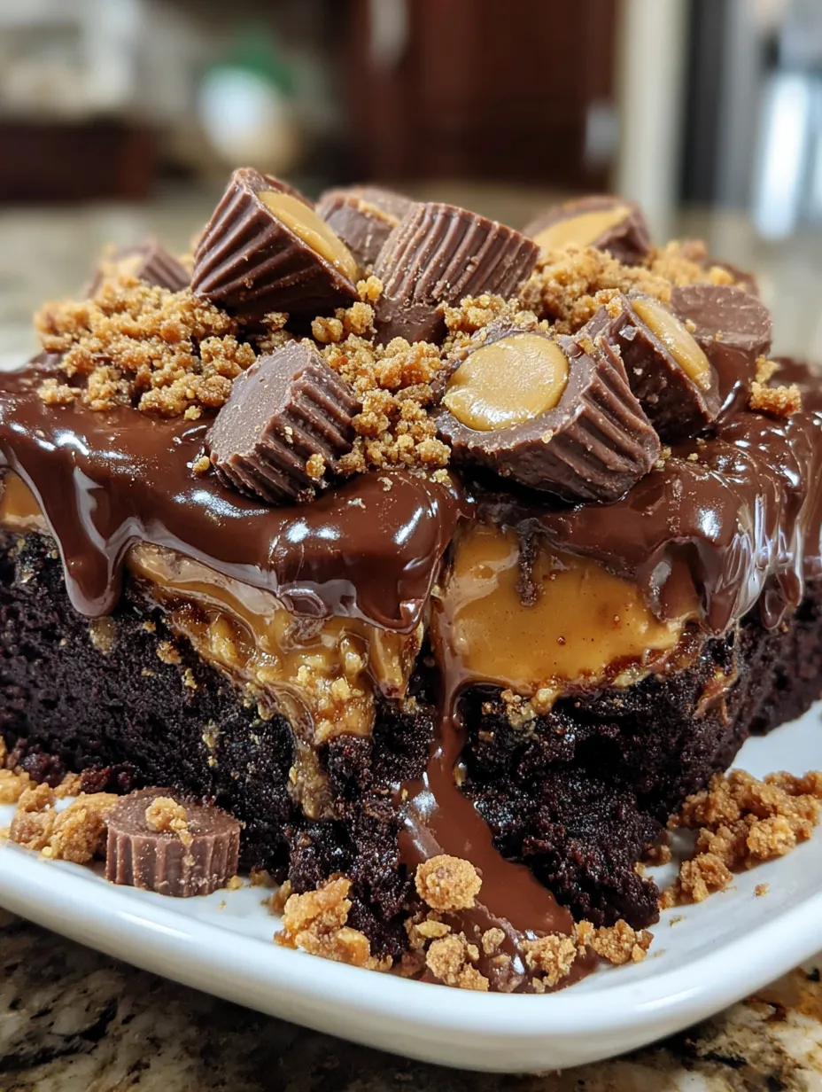 A chocolate cake with peanut butter and nuts on top.