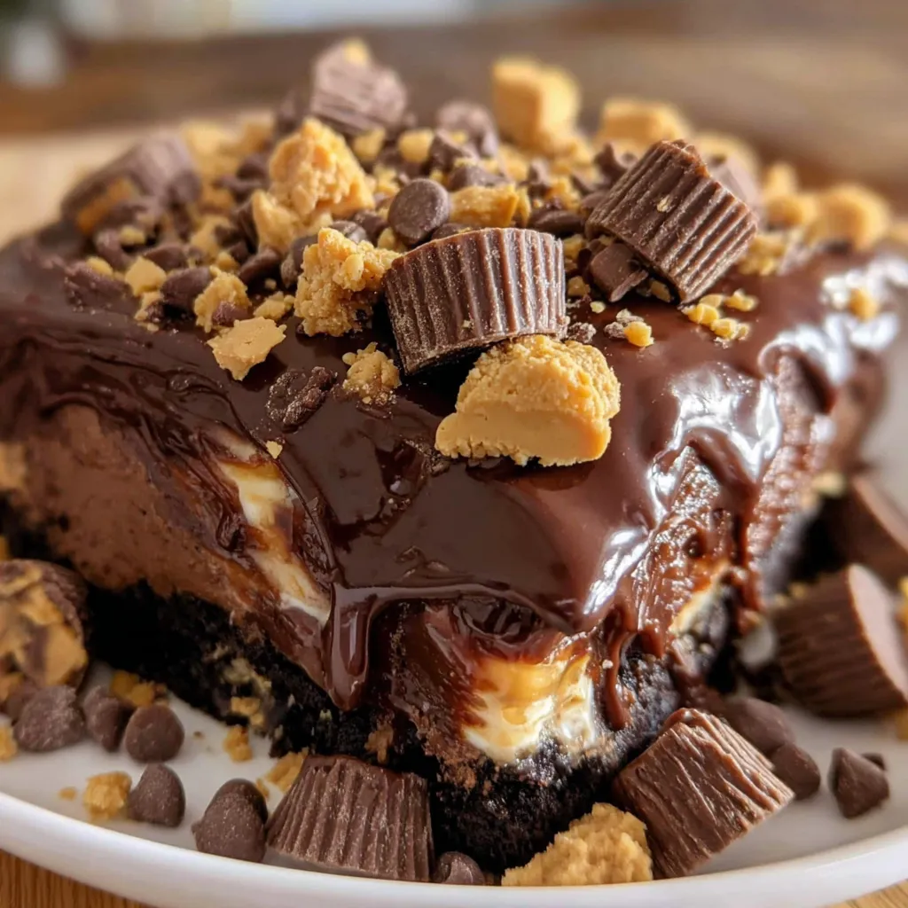 A chocolate cake with peanut butter cups on top.