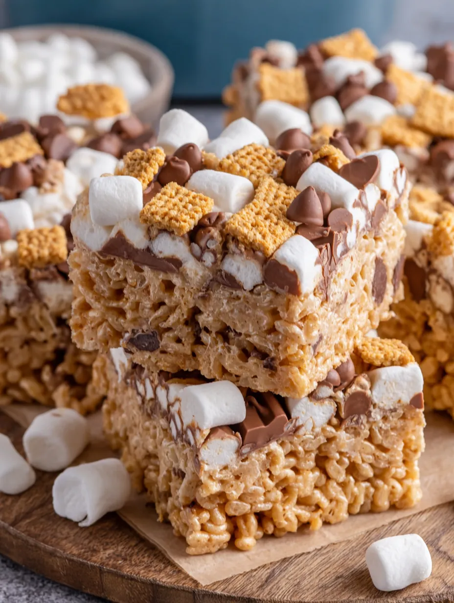 A stack of rice krispie treats with marshmallows on top.