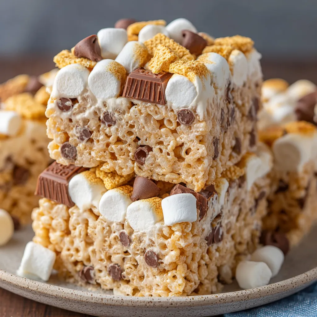 A stack of rice krispie treats with marshmallows on top.