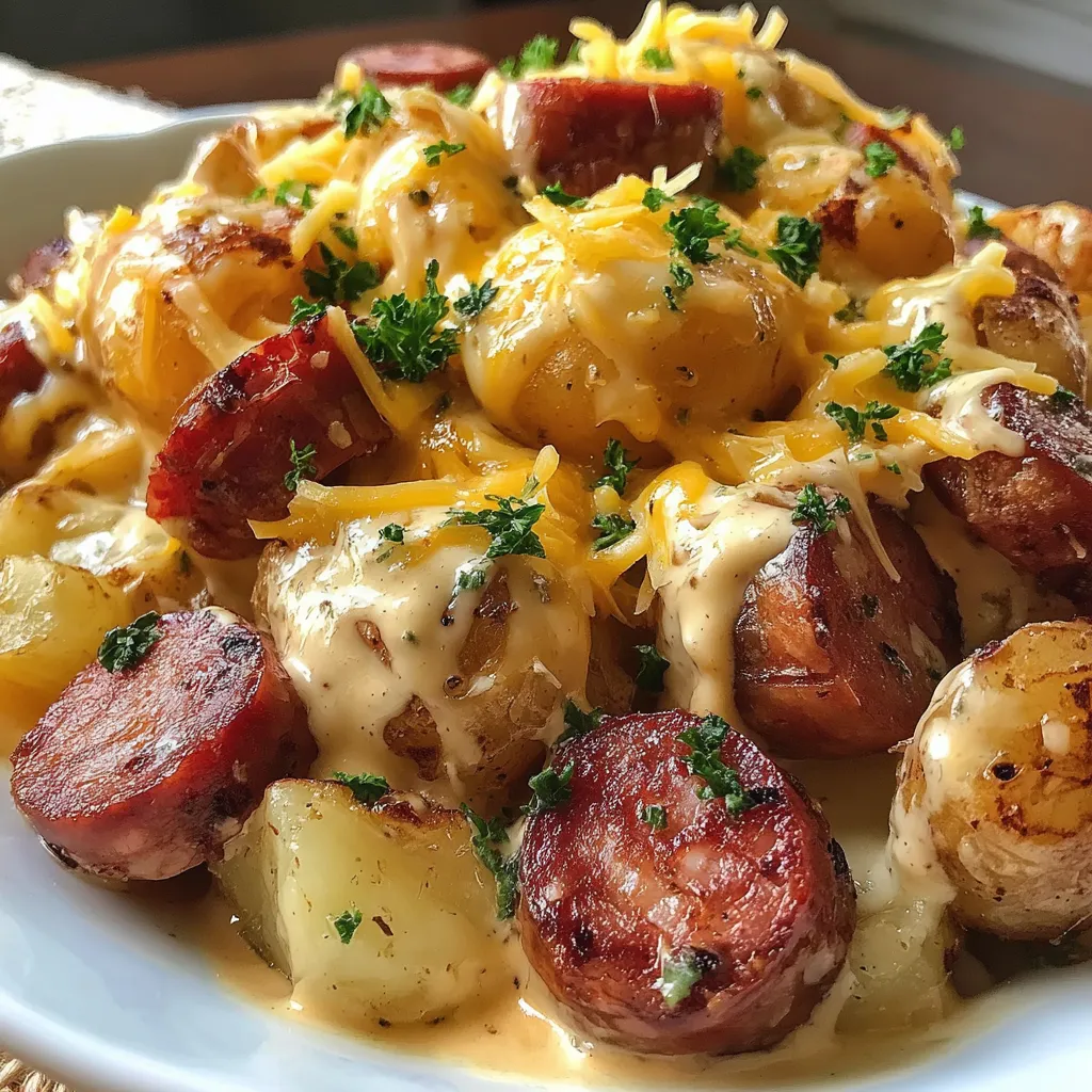 A plate of cheesy ranch potatoes and smoked sausage.