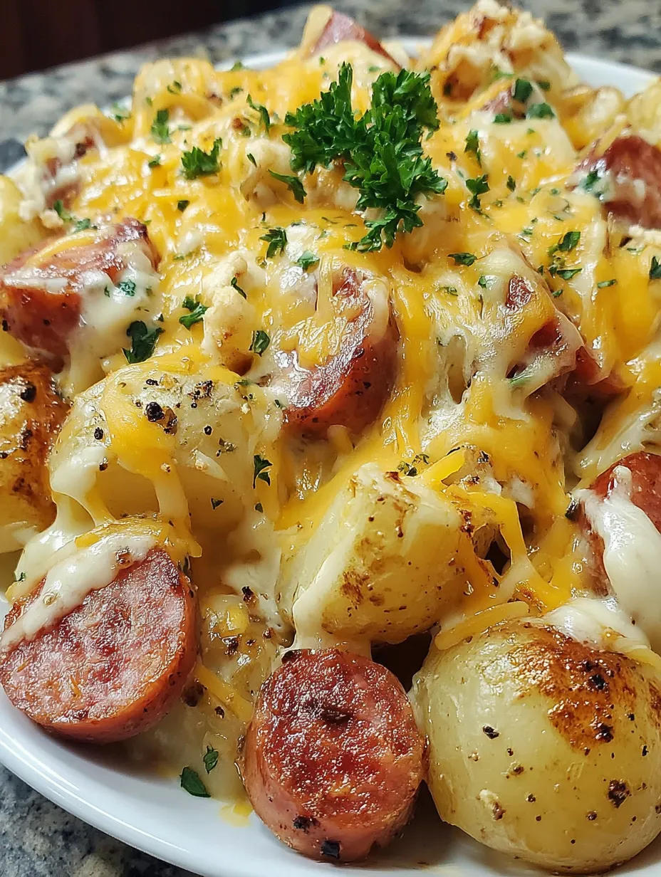 A plate of cheesy ranch potatoes and smoked sausage.